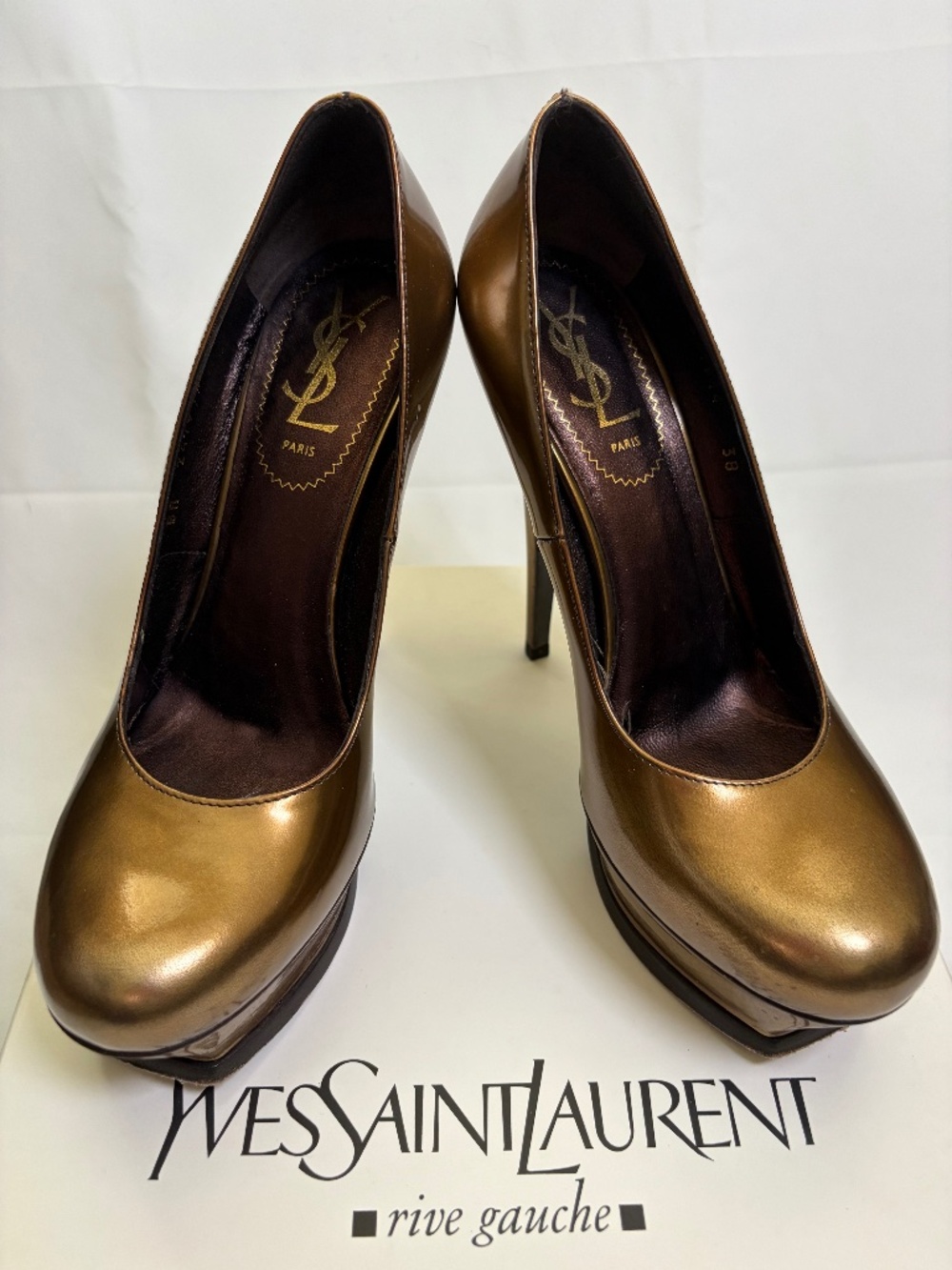 YSL Tribute 105 Pump in GoldSmok Sz 38